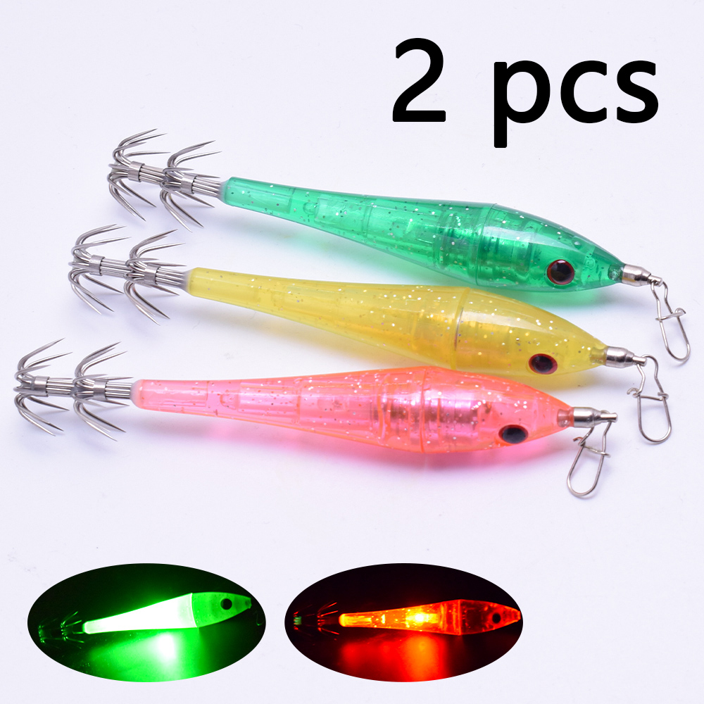 Fishing Boat Navigation Light - 2個入りLED水中ルアーライト、フック付き模擬餌、電子木製エビ、強力な二層イカ釣り針